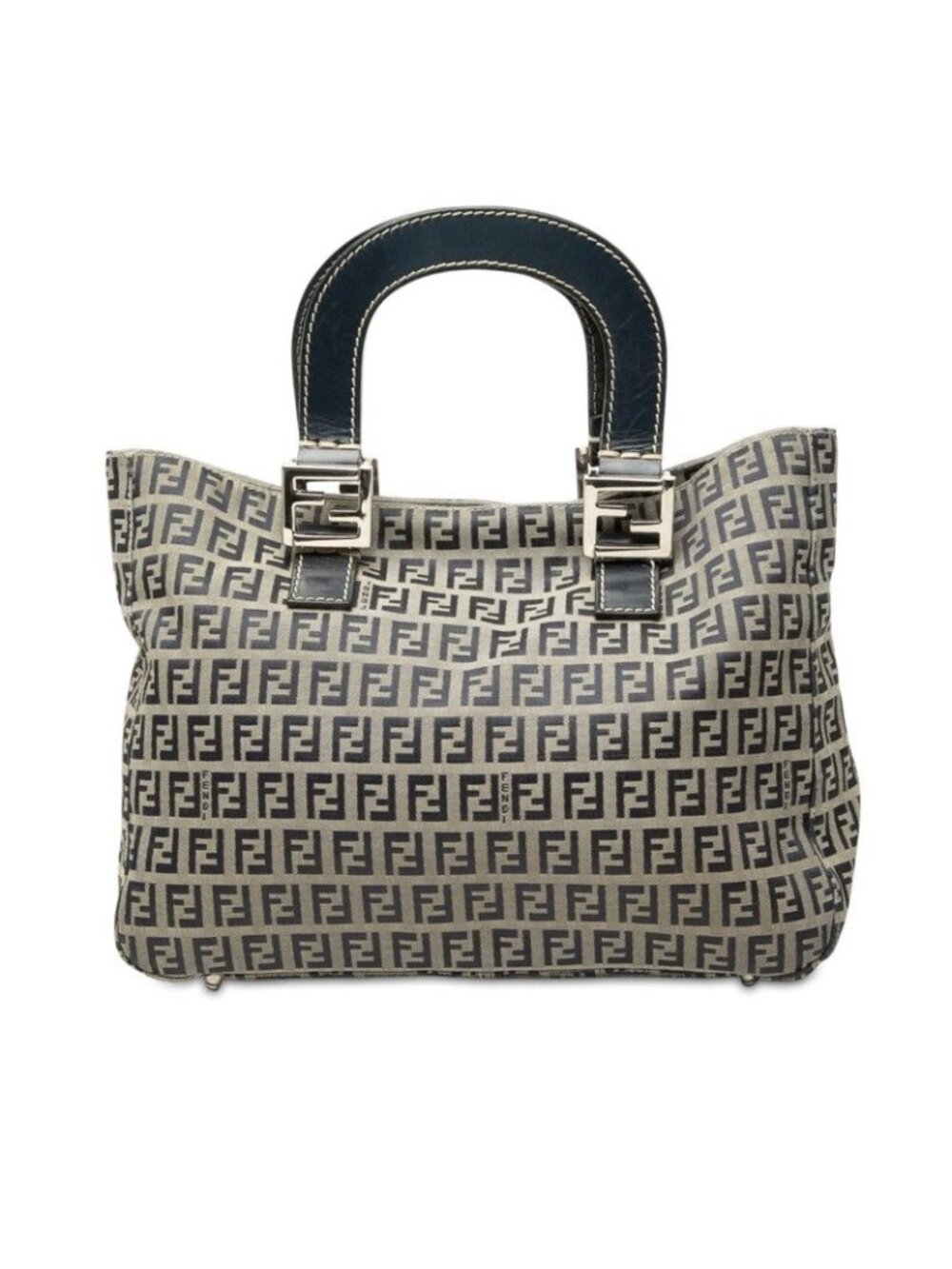 Fendi Zucchino Handbag Navy Beige Canvas Leather